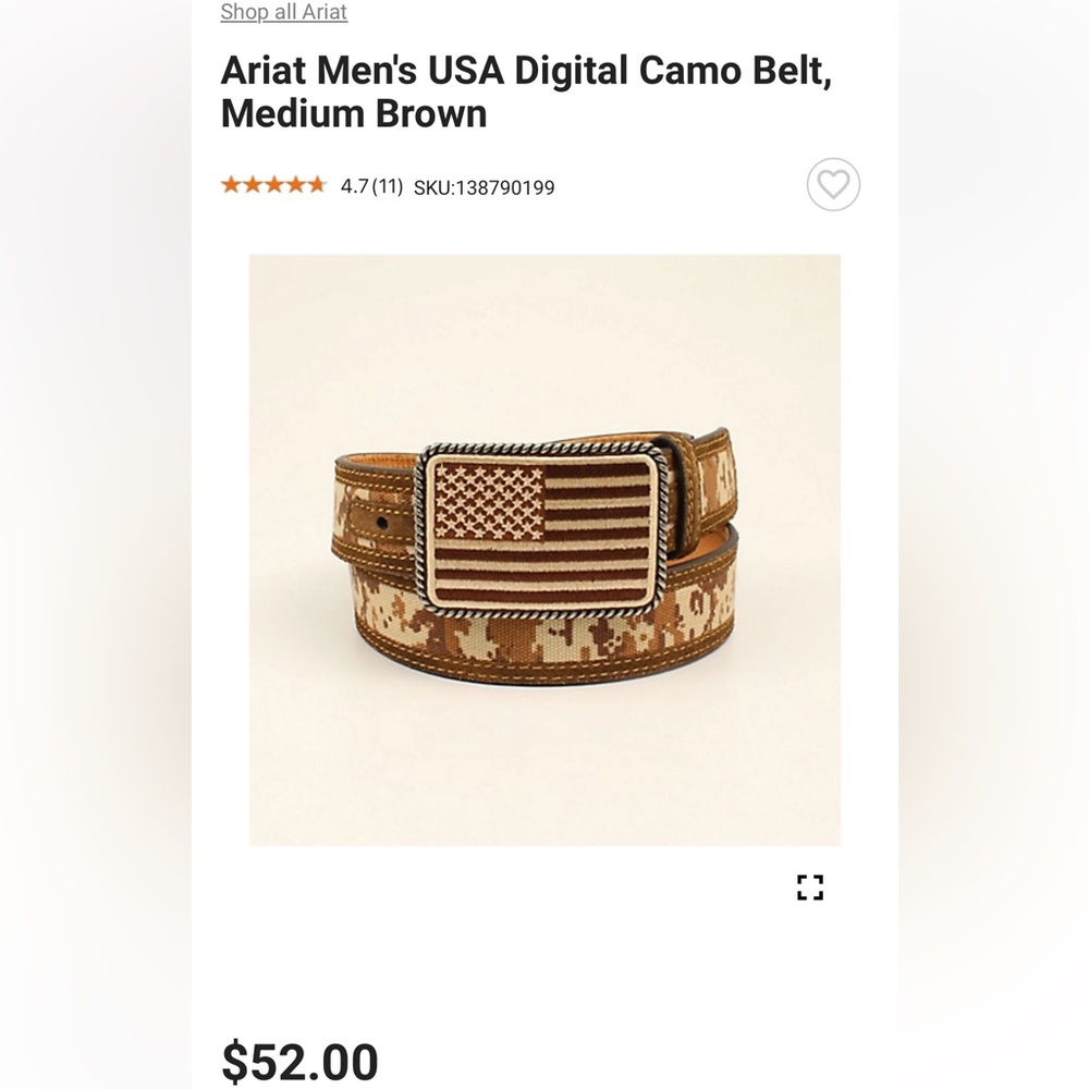 Leather Ariat Digital Camo Belt. NWT